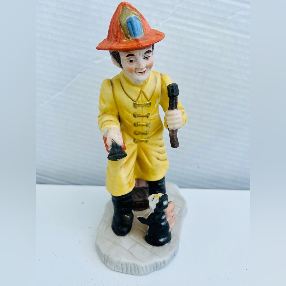 Fireman Rescue Axe Man Ceramic Figurine Fire Fighter Yellow Jacket Orange Hat